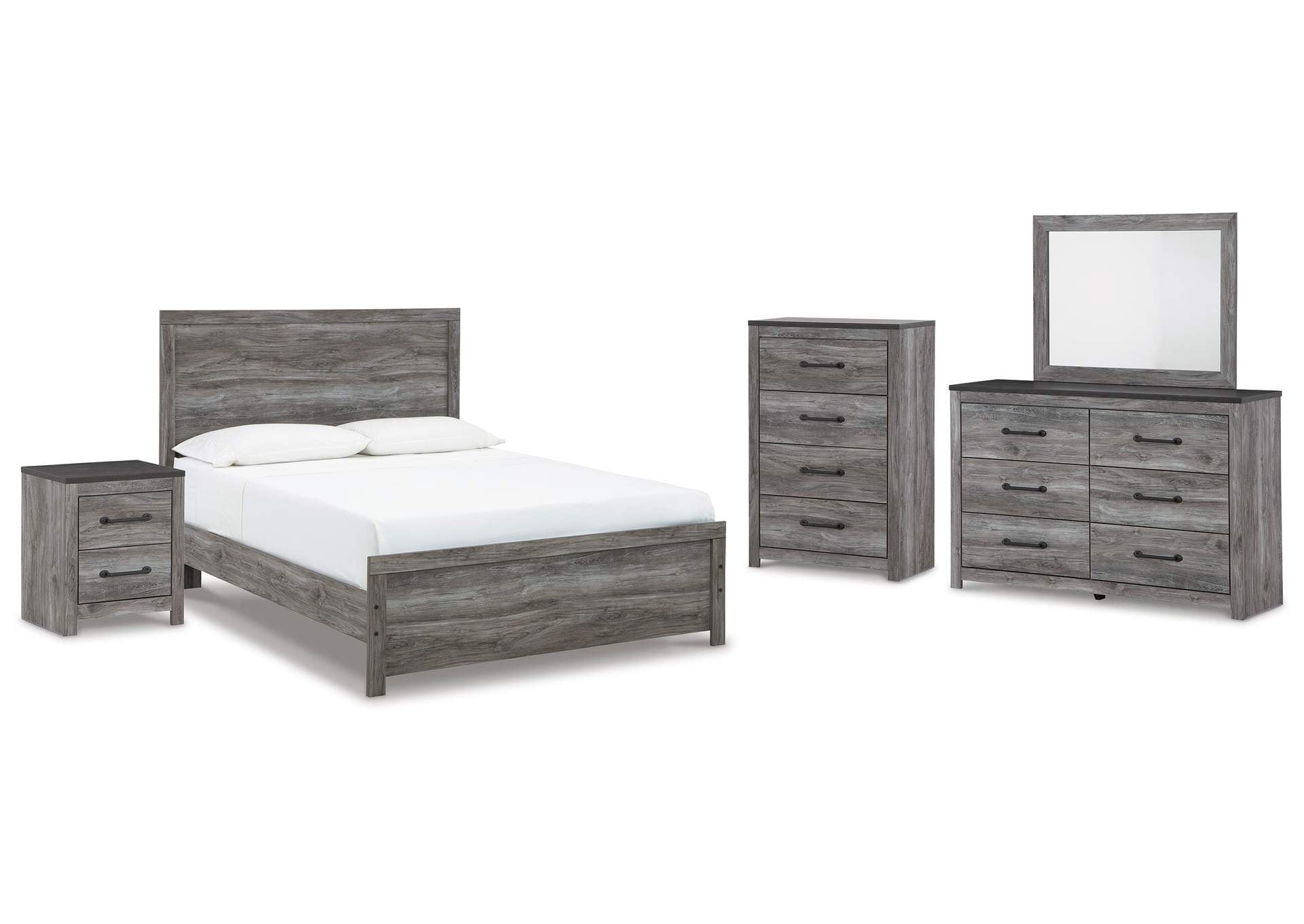 Bronyan Queen Panel Bed with Mirrored Dresser, Chest and Nightstand