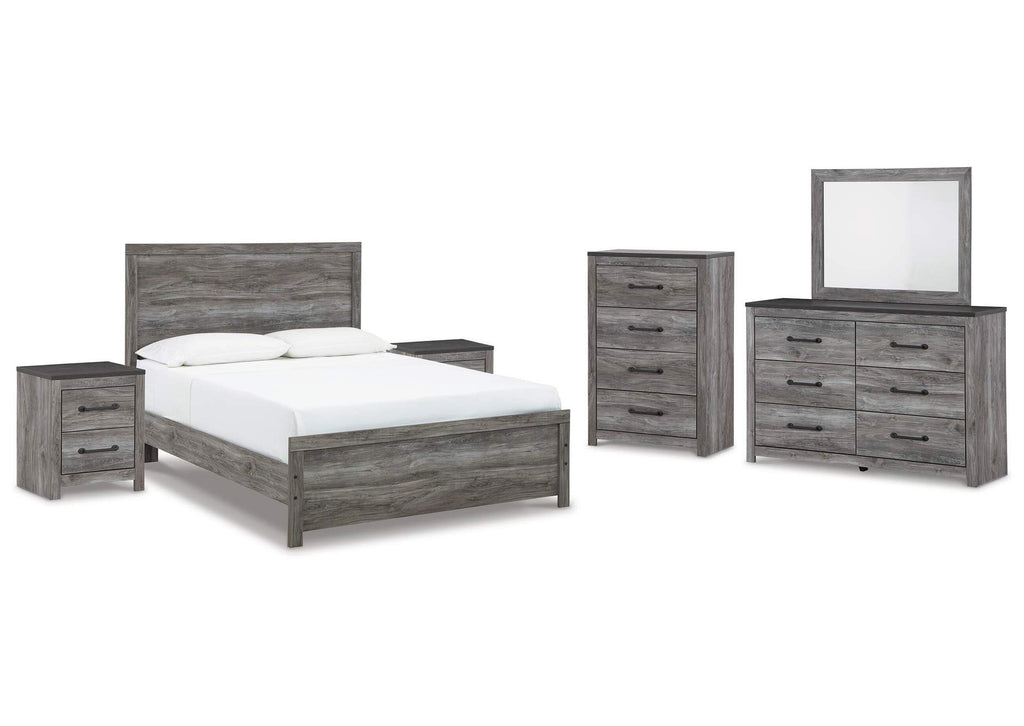 Bronyan Queen Panel Bed with Mirrored Dresser and 2 Nightstands