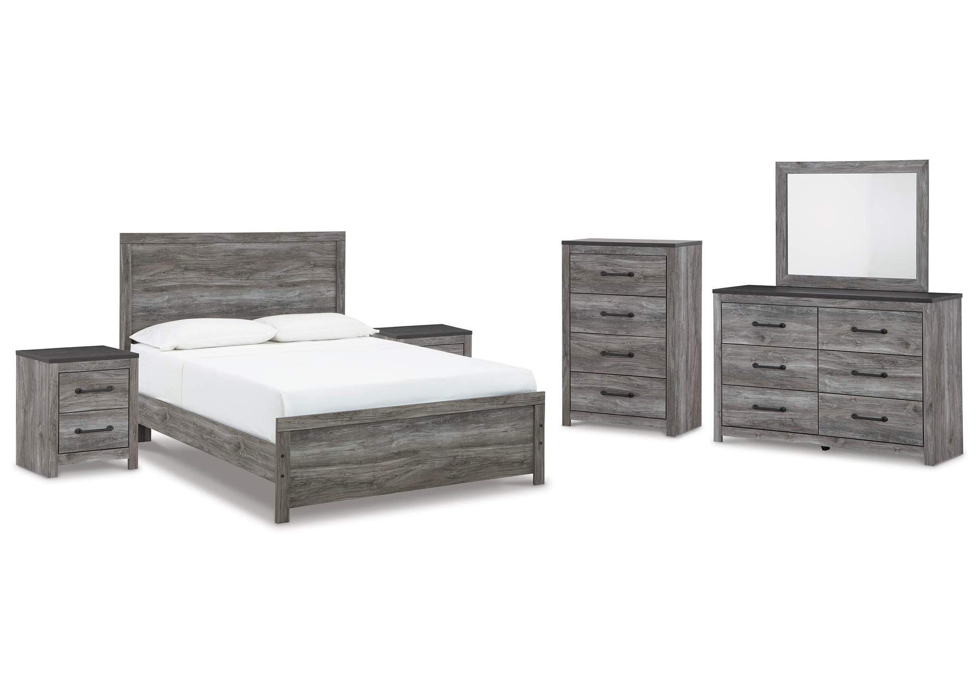 Bronyan Queen Panel Bed with Mirrored Dresser and 2 Nightstands