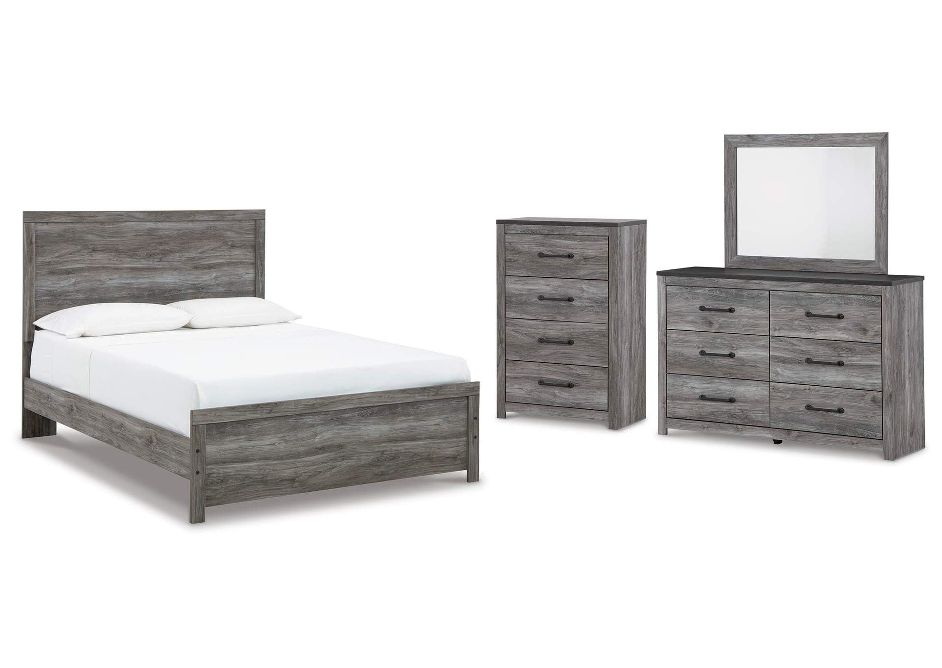 Bronyan Queen Panel Bed with Mirrored Dresser and Chest