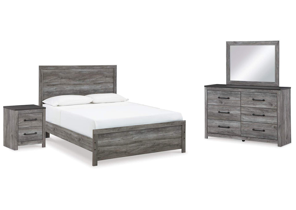 Bronyan Queen Panel Bed with Mirrored Dresser and Nightstand