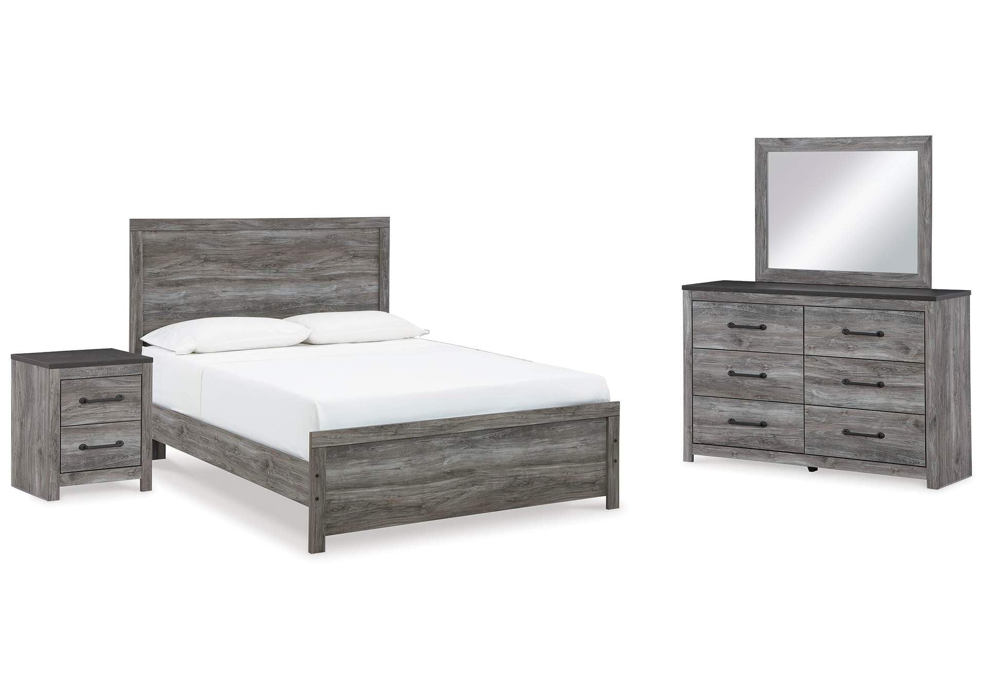 Bronyan Queen Panel Bed with Mirrored Dresser and Nightstand