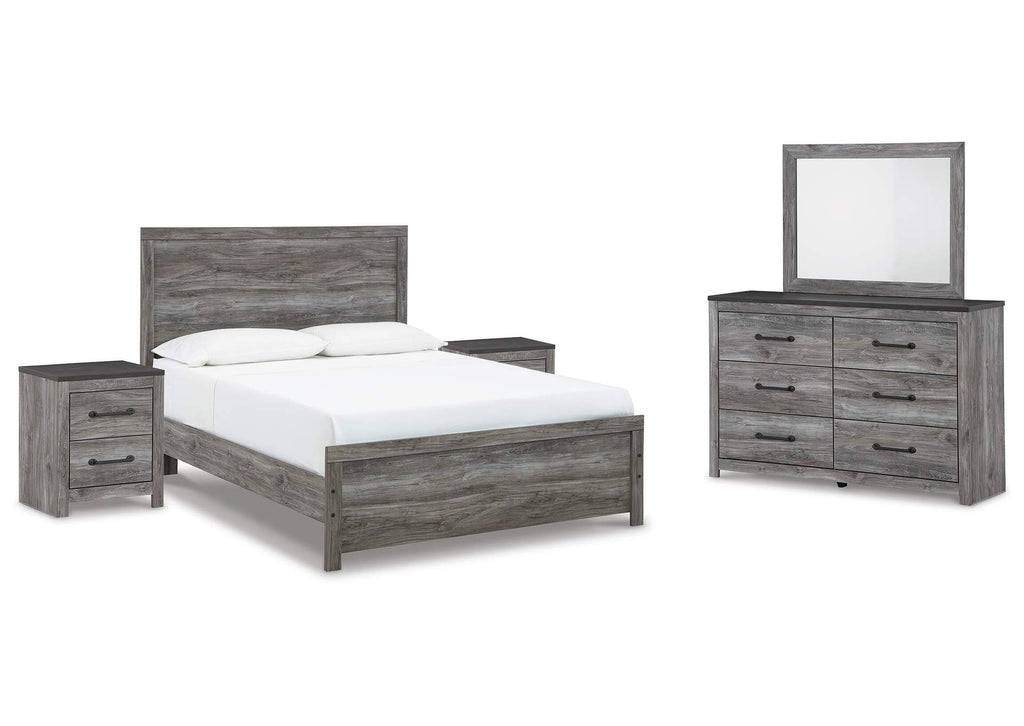 Bronyan Queen Panel Bed with Mirrored Dresser and 2 Nightstands