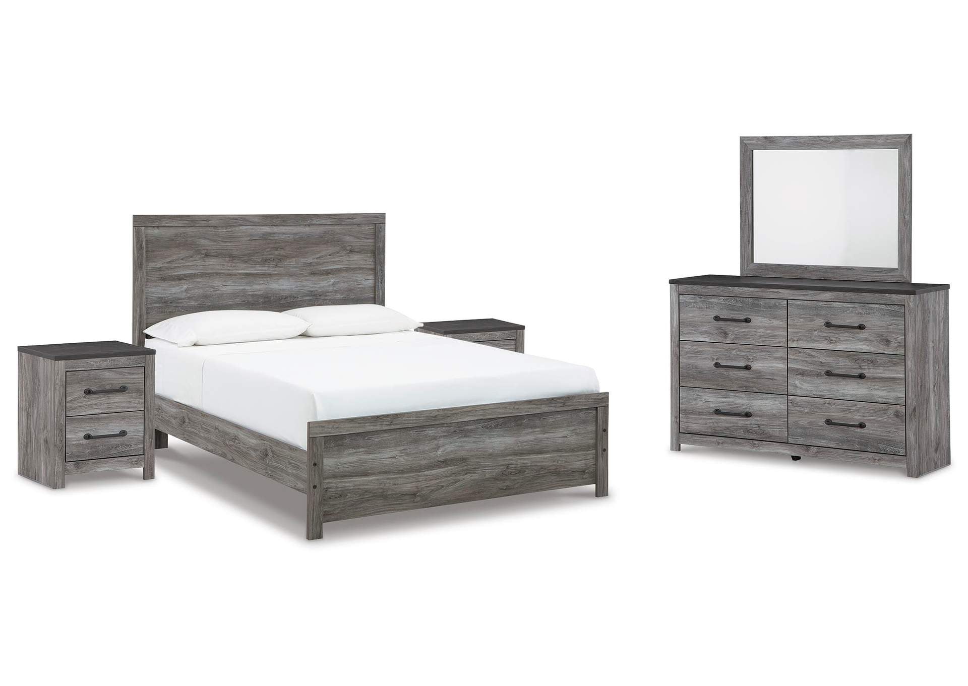 Bronyan Queen Panel Bed with Mirrored Dresser and 2 Nightstands