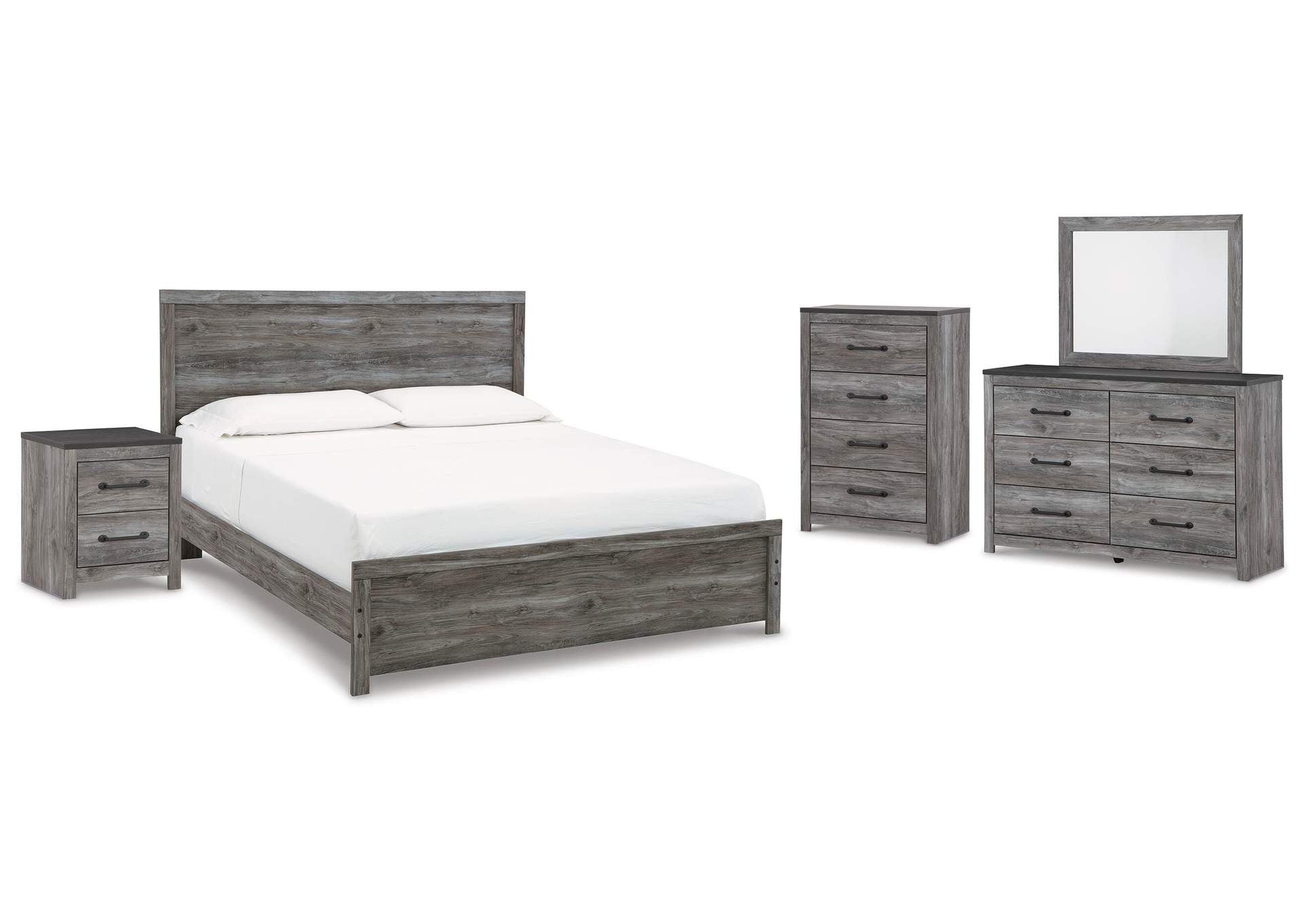 Bronyan King Panel Bed with Mirrored Dresser, Chest and Nightstand