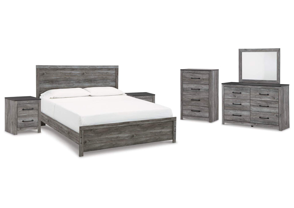 Bronyan King Panel Bed with Mirrored Dresser, Chest and 2 Nightstands