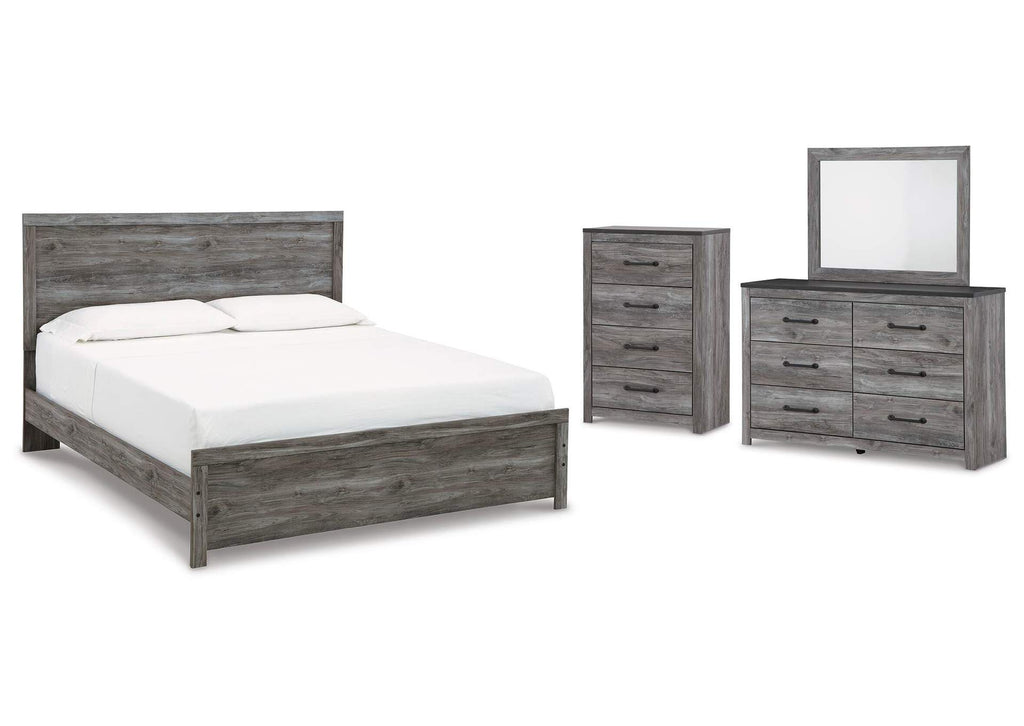 Bronyan King Panel Bed with Mirrored Dresser and Chest