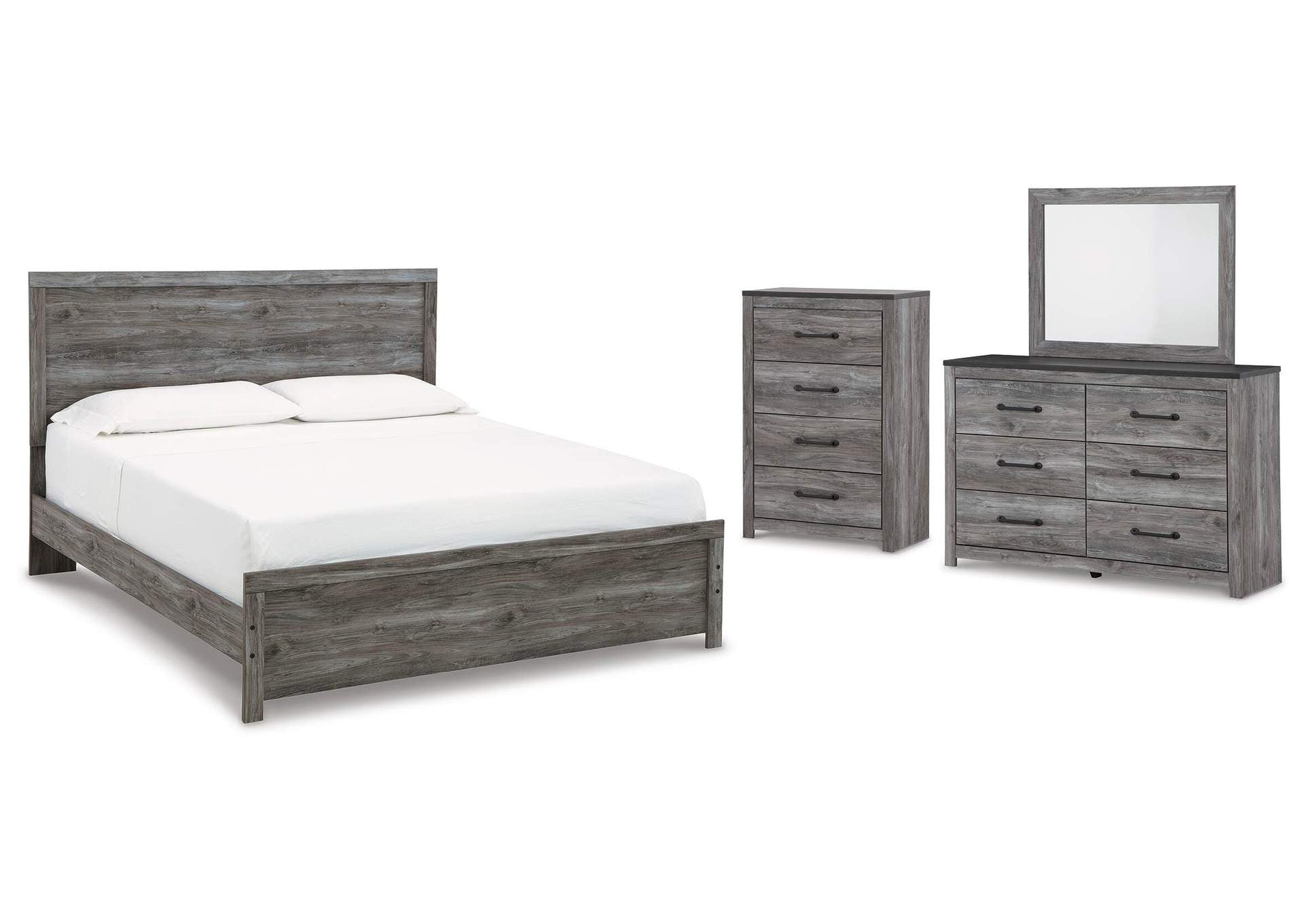 Bronyan King Panel Bed with Mirrored Dresser and Chest