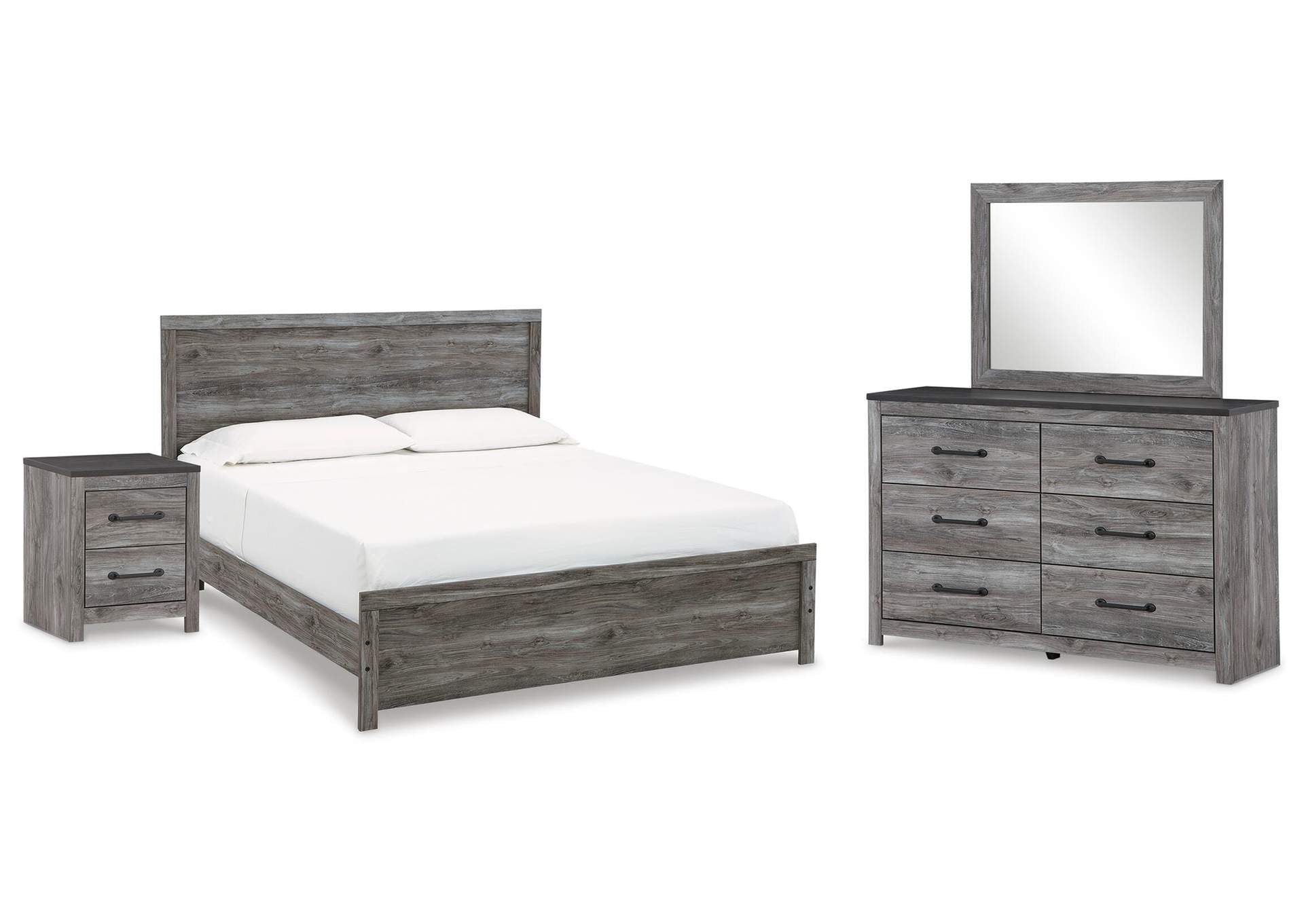 Bronyan King Panel Bed with Mirrored Dresser and Nightstand