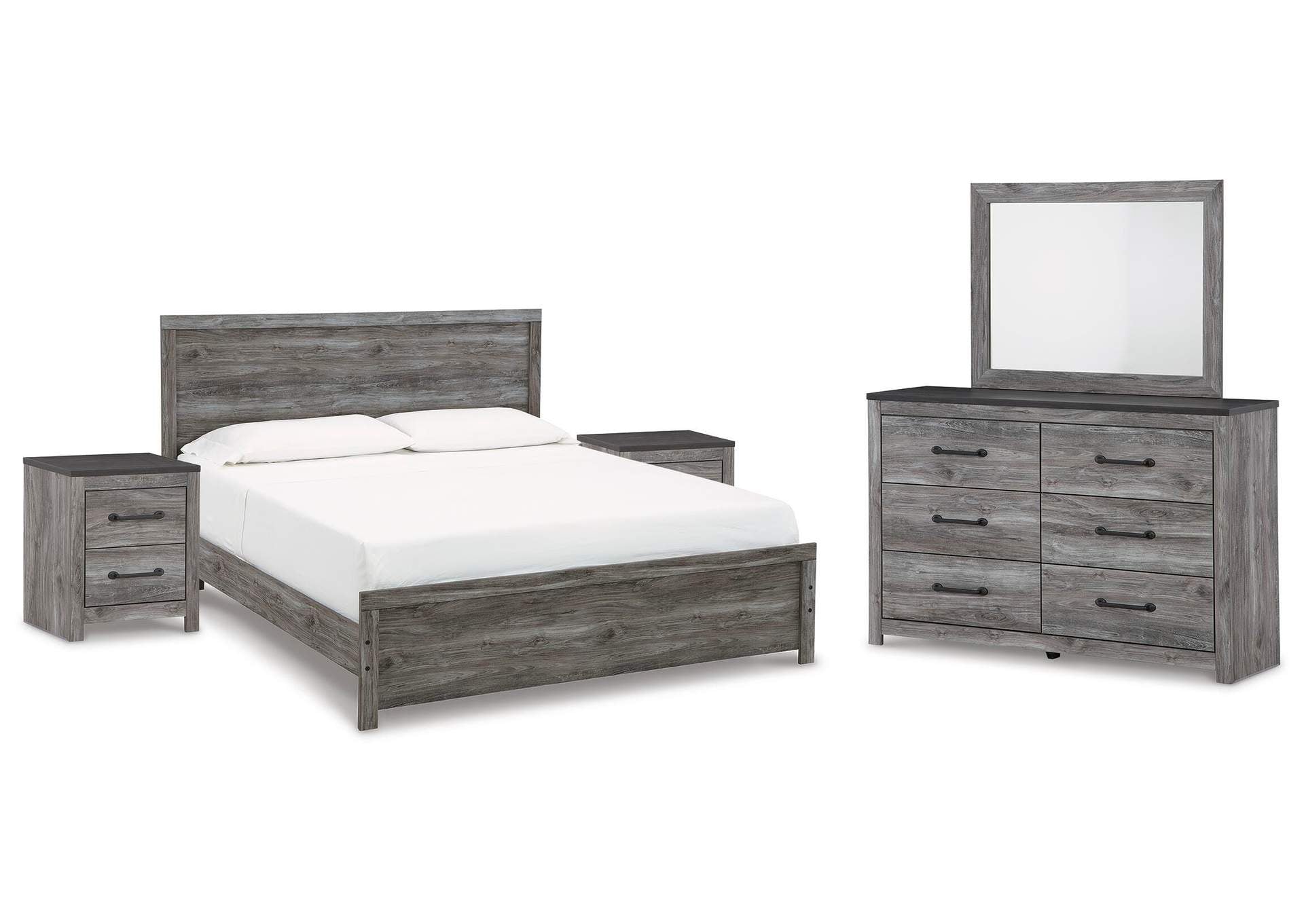 Bronyan King Panel Bed with Mirrored Dresser and 2 Nightstands