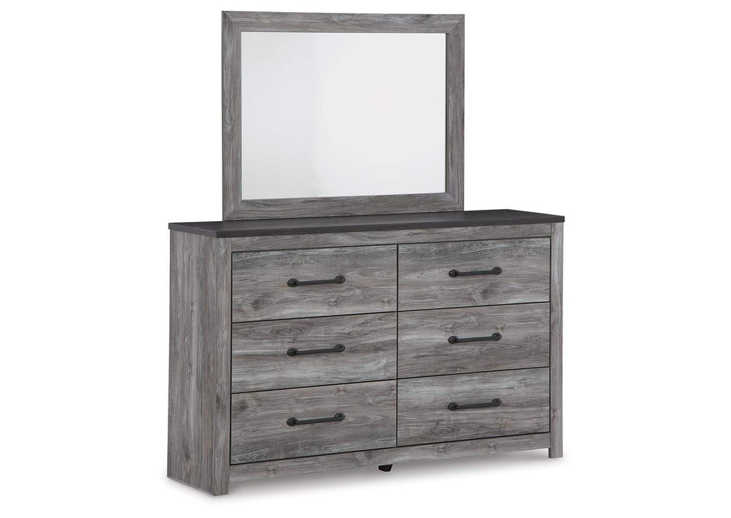 Bronyan King Panel Bed with Mirrored Dresser and Nightstand angled view