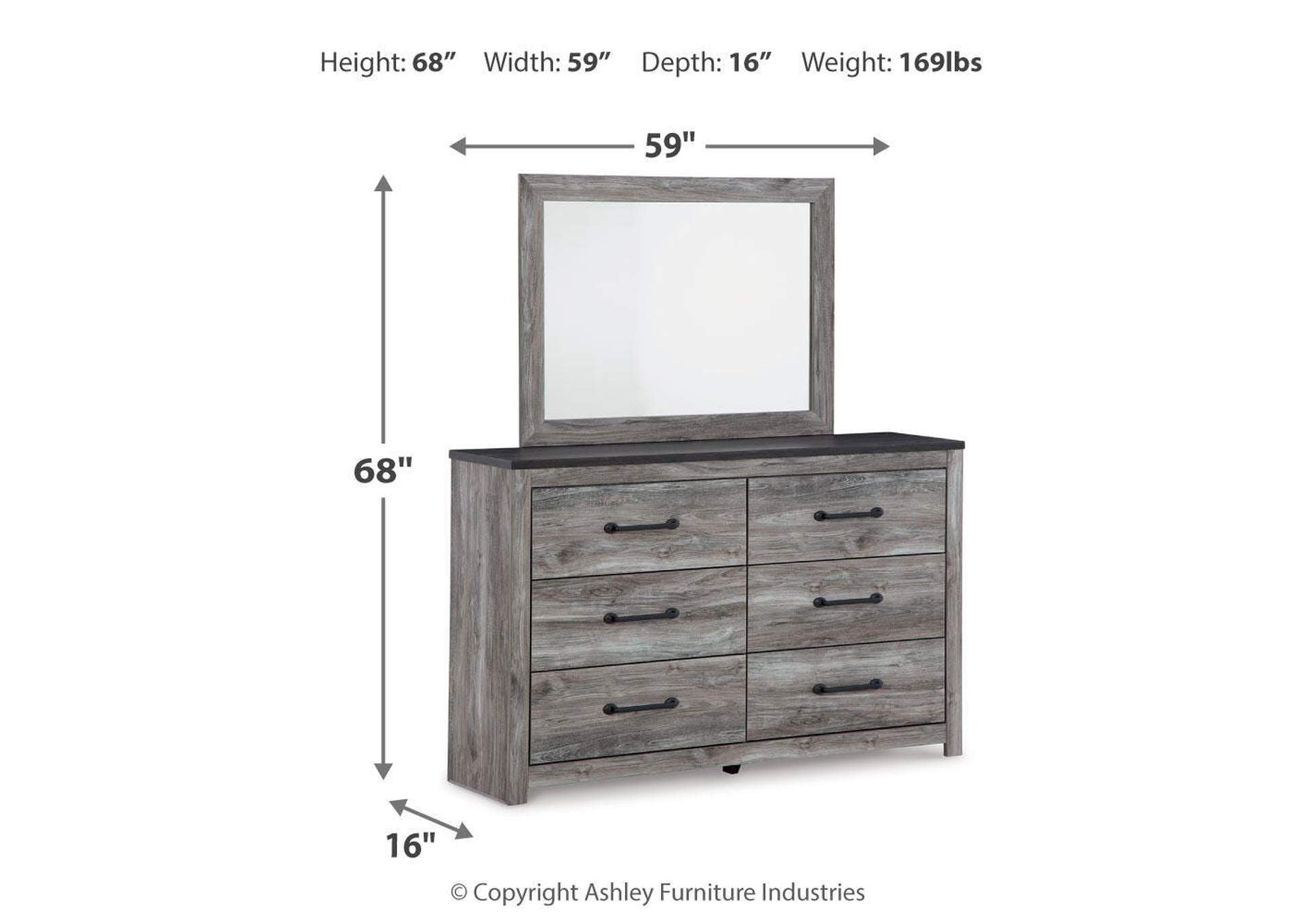 Bronyan Queen Panel Bed with Mirrored Dresser and 2 Nightstands dimensions