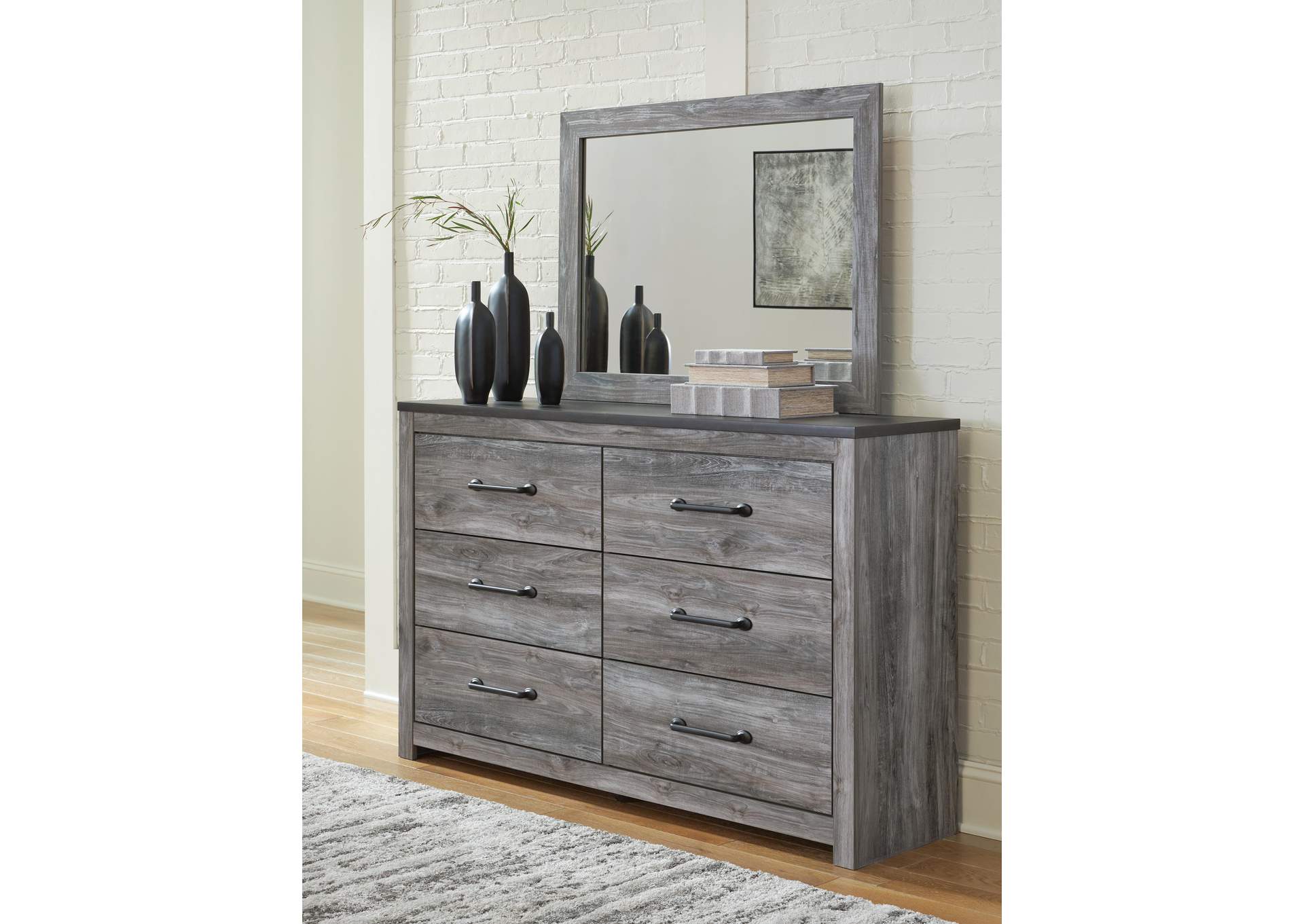 Bronyan King Panel Bed with Mirrored Dresser and Chest