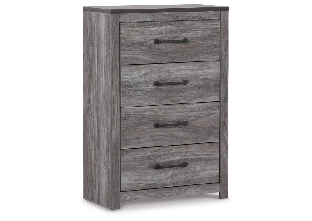 Bronyan Queen Panel Bed with Mirrored Dresser and Chest angled view