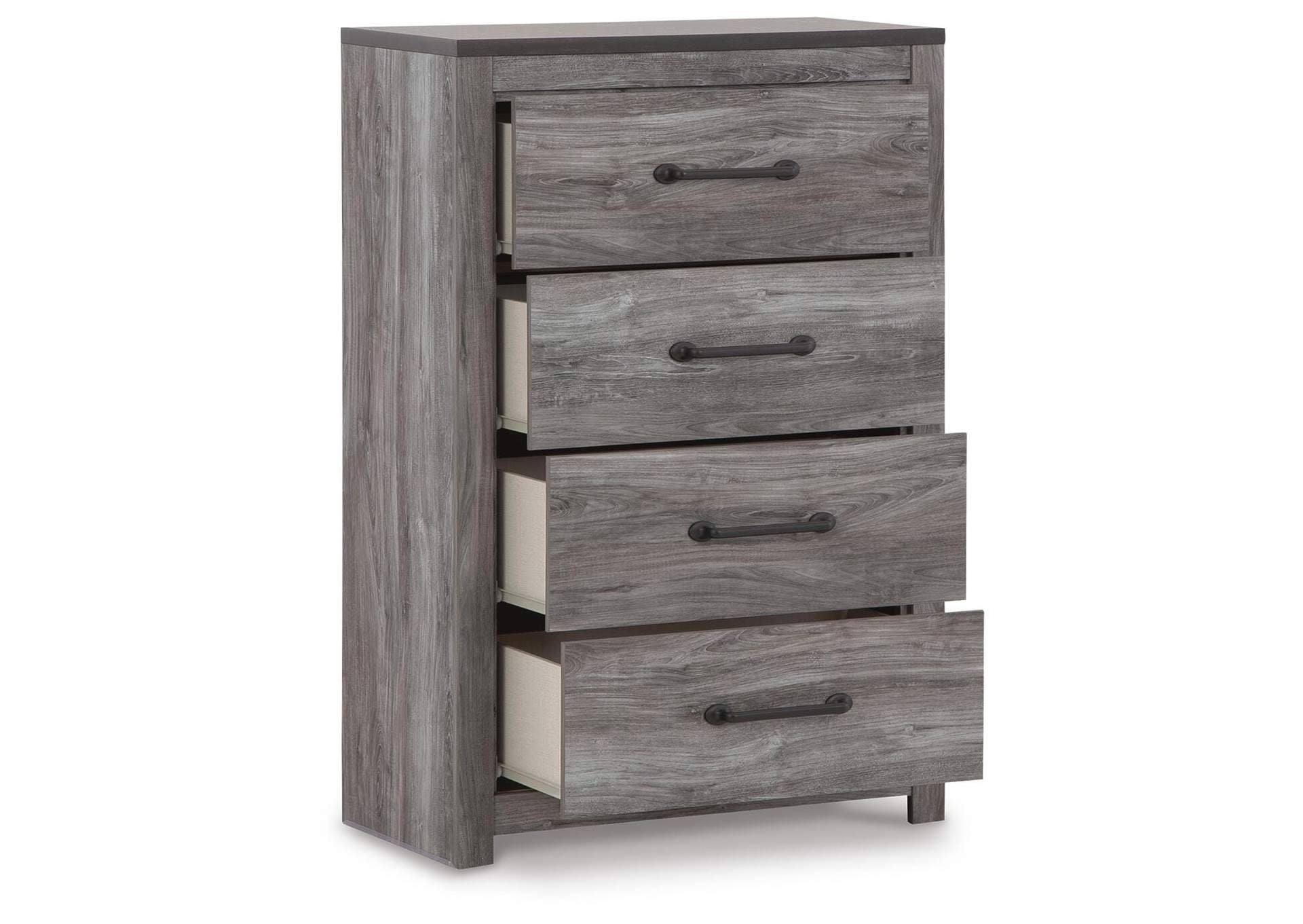 Bronyan King Panel Bed with Mirrored Dresser, Chest and 2 Nightstands angled view