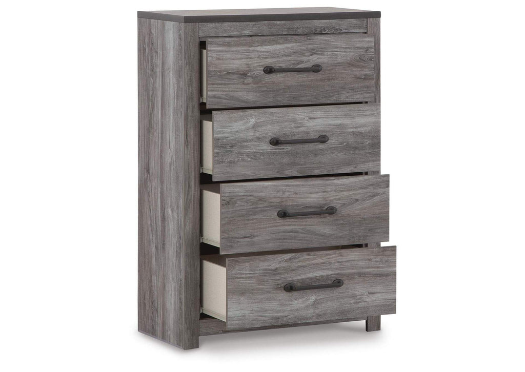 Bronyan King Panel Bed with Mirrored Dresser and Chest angled view