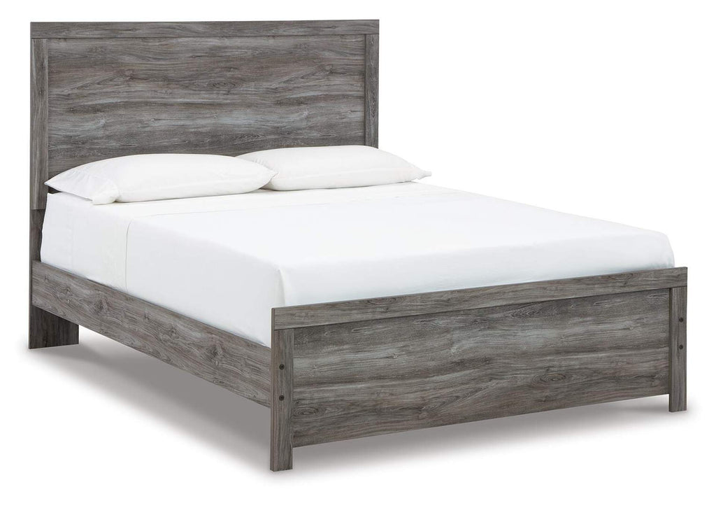 Bronyan Queen Panel Bed with Mirrored Dresser and 2 Nightstands angled view