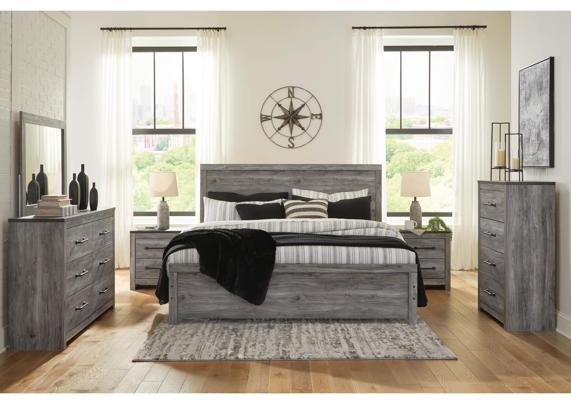 Bronyan Queen Panel Bed with Mirrored Dresser and 2 Nightstands