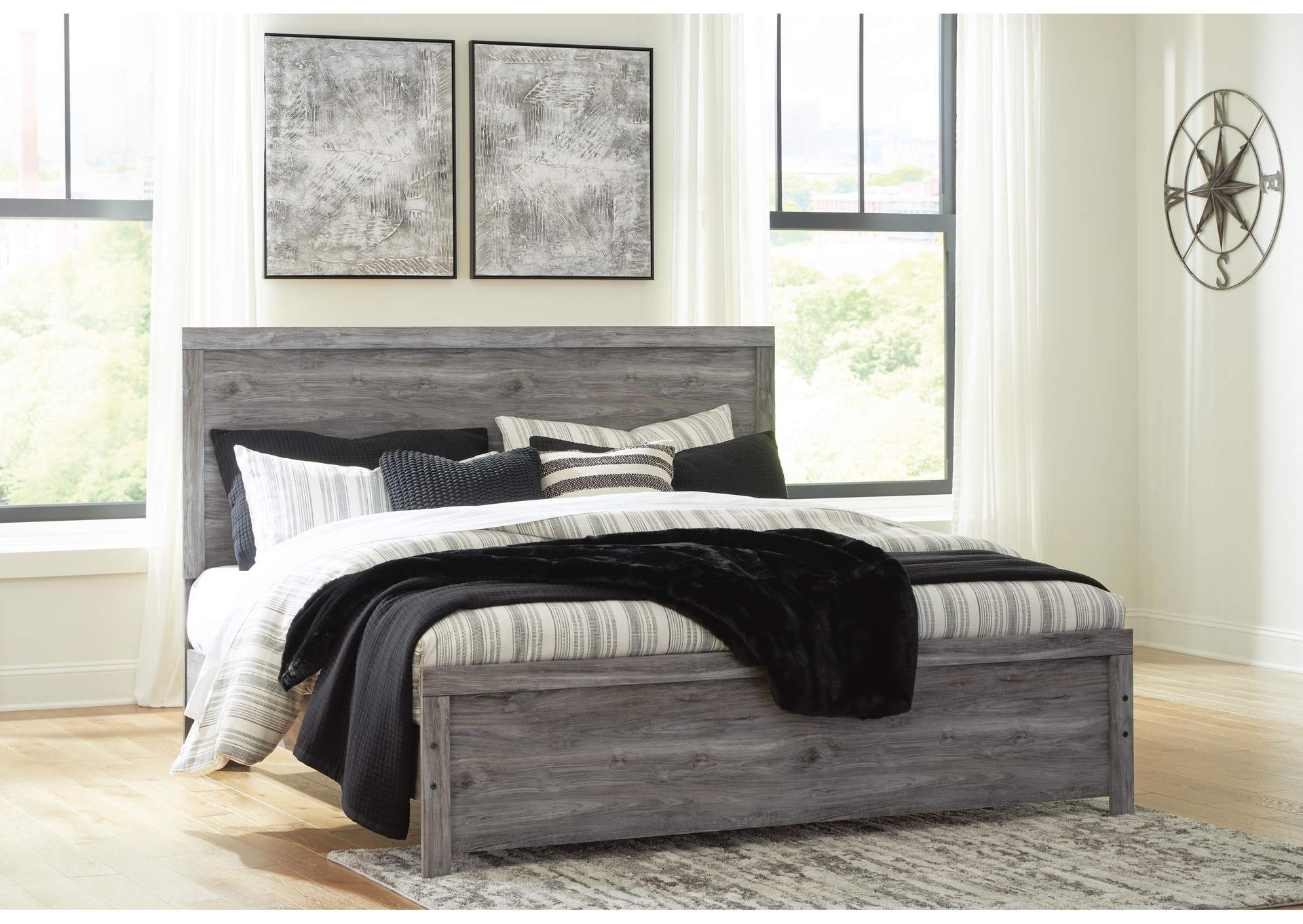 Bronyan King Panel Bed with Mirrored Dresser and Nightstand