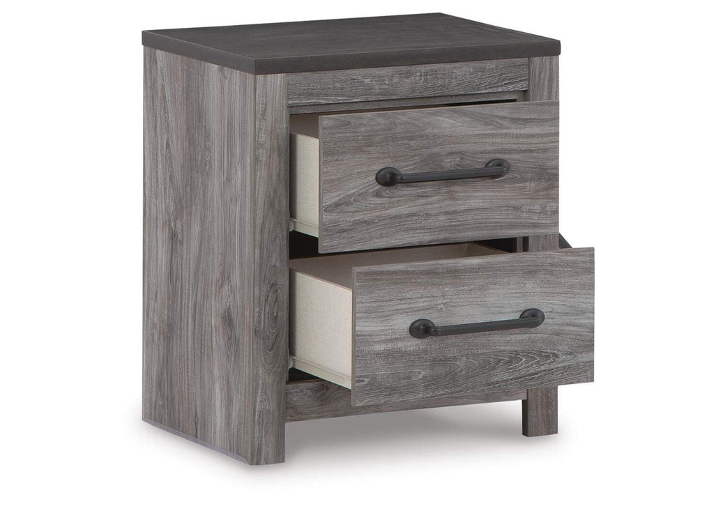 Bronyan Queen Panel Bed with Mirrored Dresser and 2 Nightstands angled view