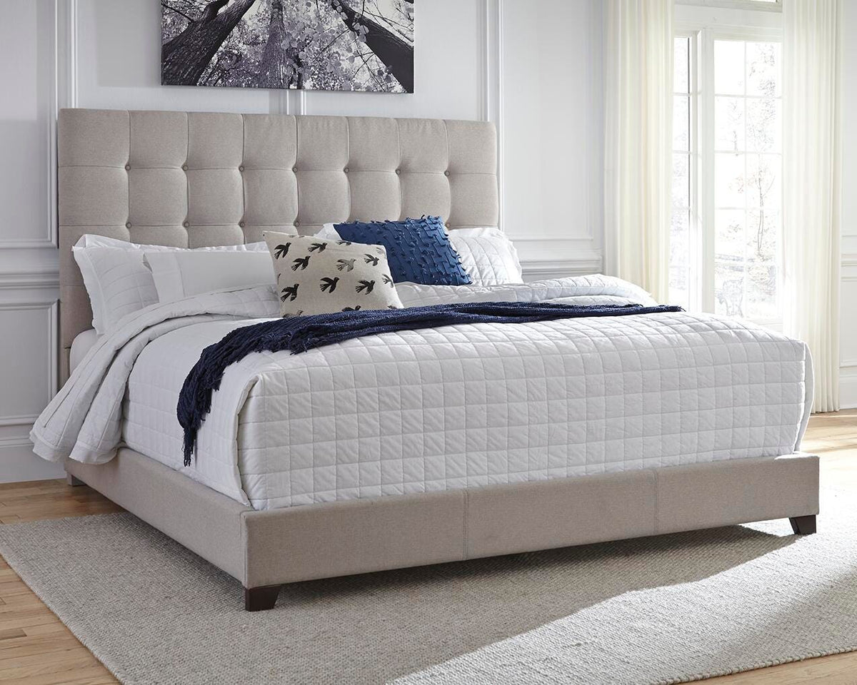 Dolante Queen Upholstered Bed in Beige, lifestyle view