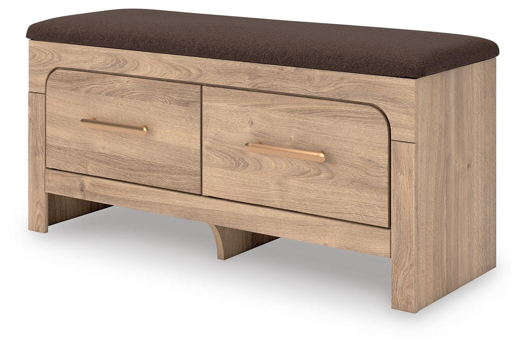 Kinlanni Bedroom Storage Bench in Tan/Brown, angle view