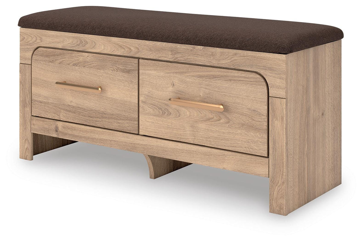 Kinlanni Bedroom Storage Bench in Tan/Brown, angle view