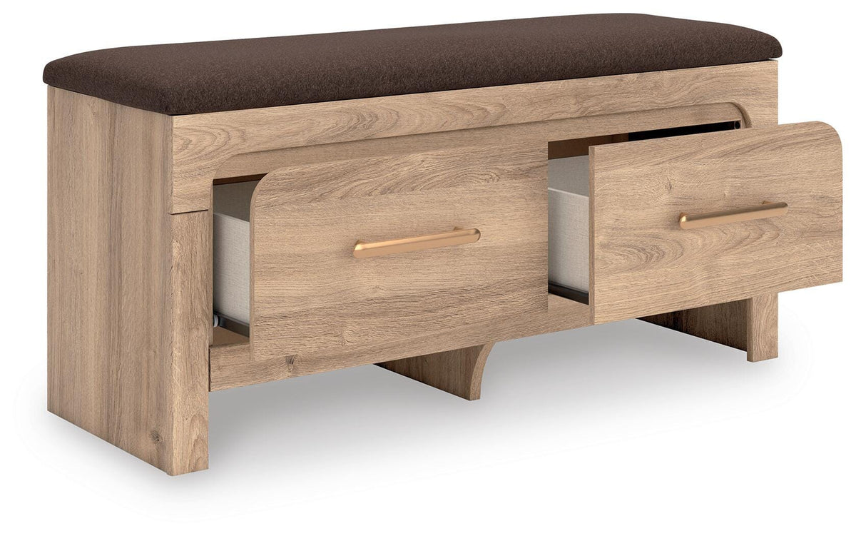 Kinlanni Bedroom Storage Bench in Tan/Brown, open view