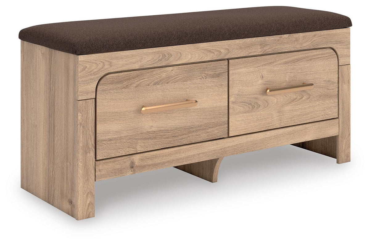 Kinlanni Bedroom Storage Bench in Tan/Brown, angle view