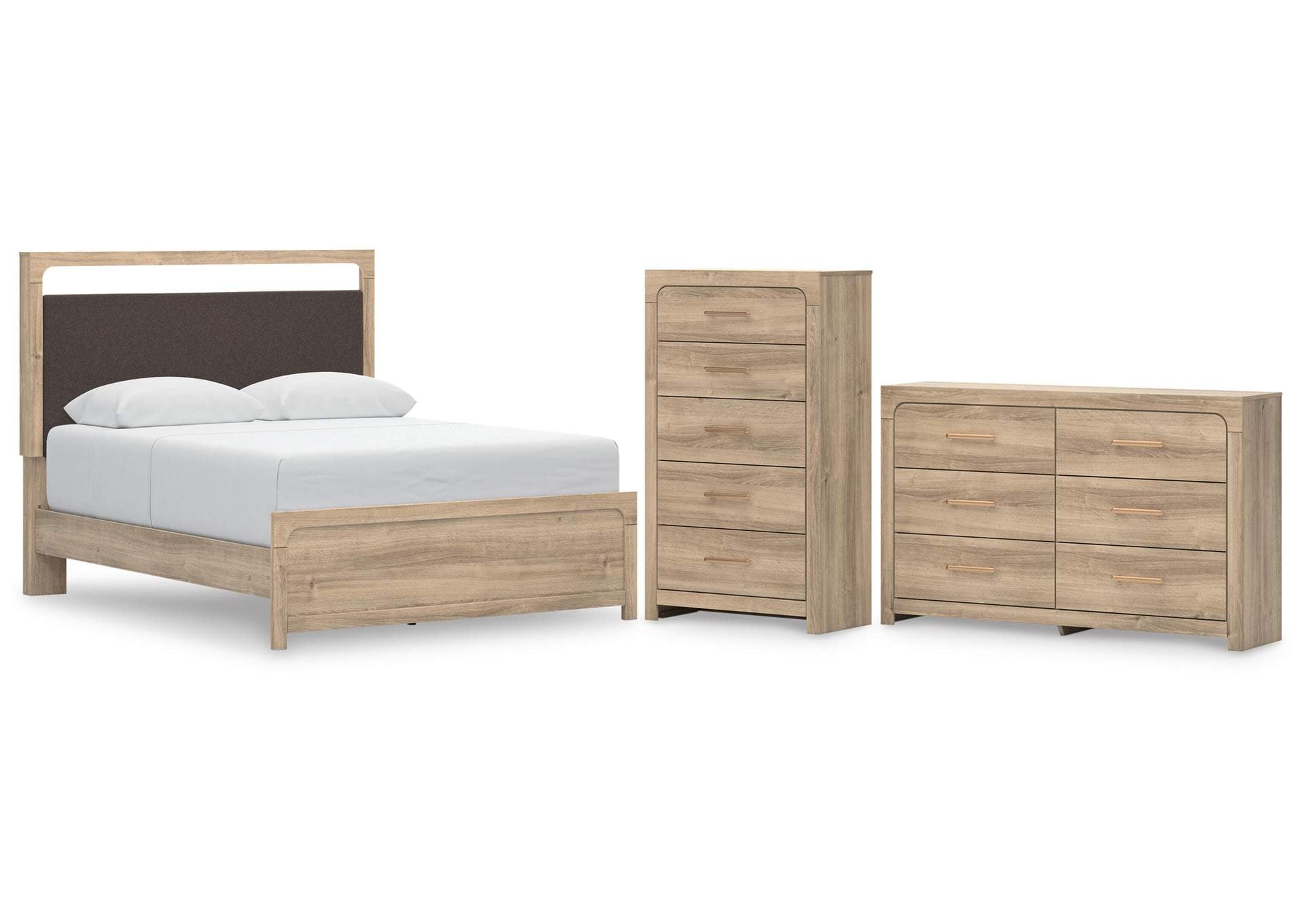 Hollymount Queen Upholstered Platform Bed, Dresser and Chest