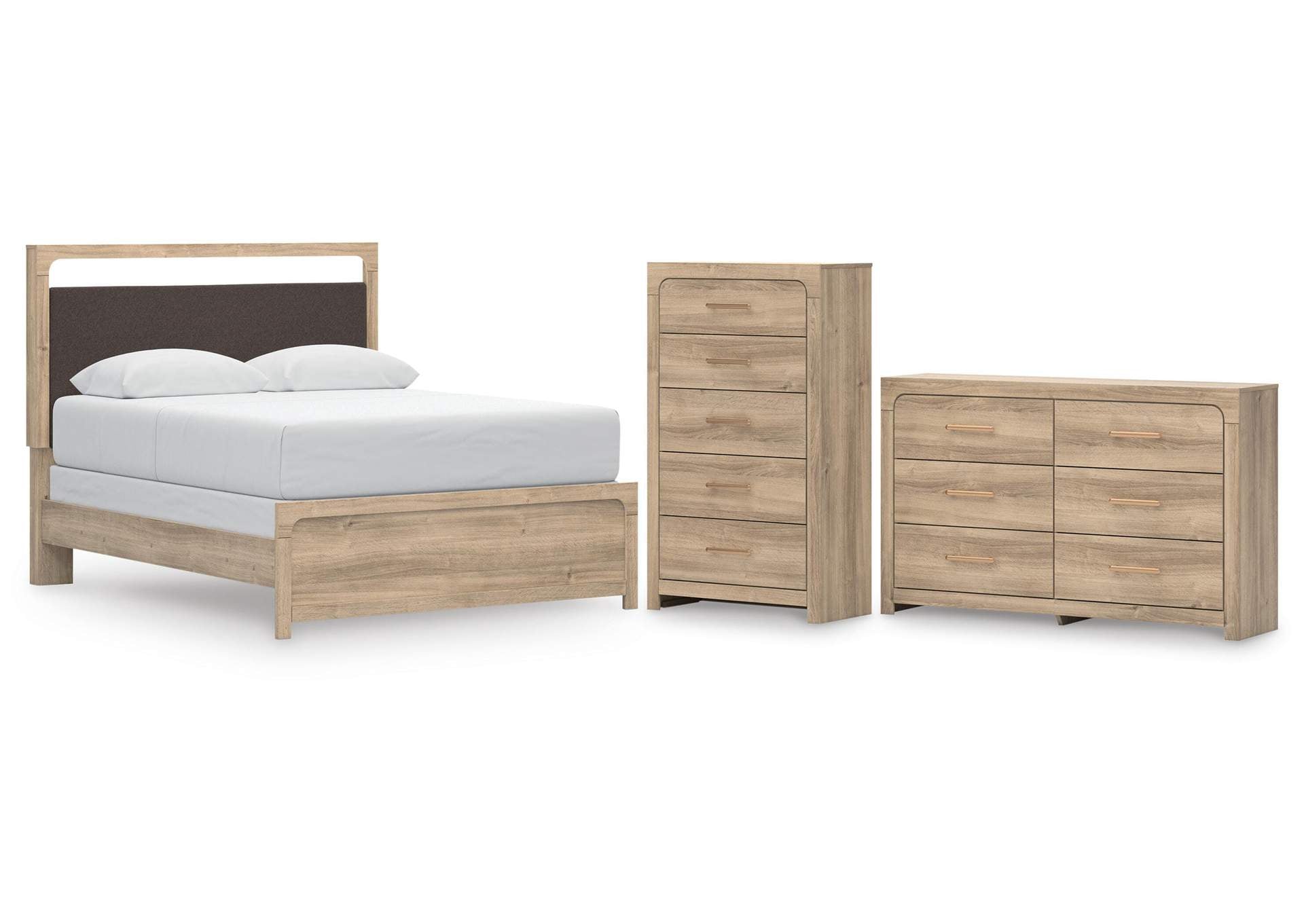Hollymount Queen Upholstered Panel Bed, Dresser and Chest