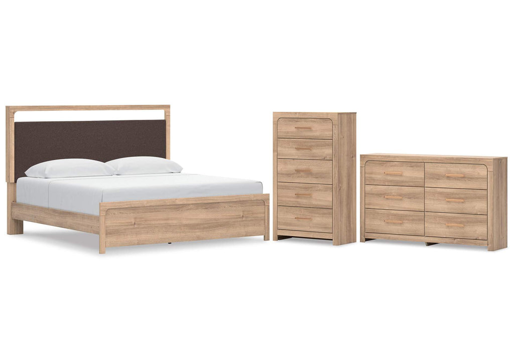 Hollymount King Upholstered Platform Bed, Dresser and Chest