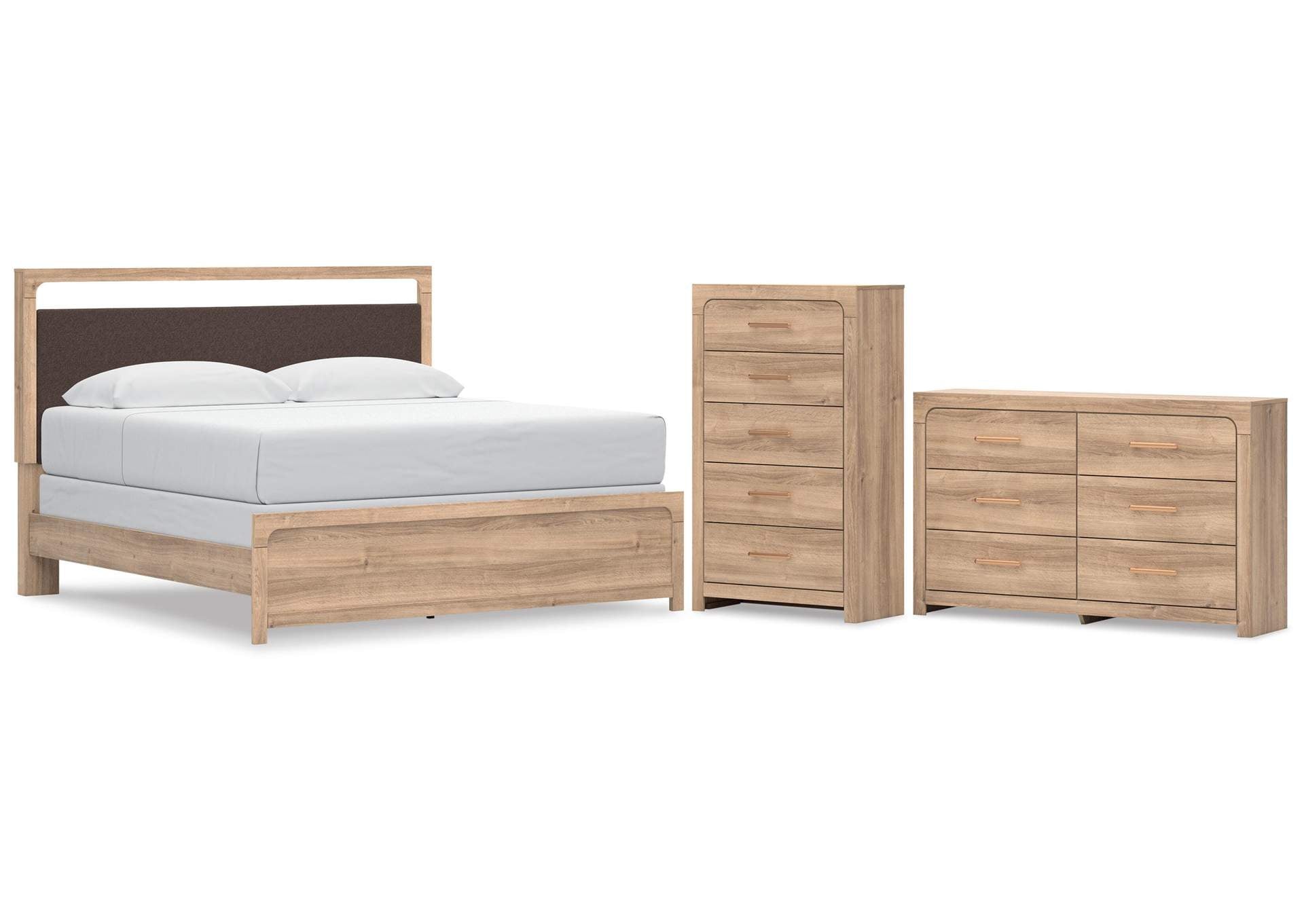 Hollymount King Upholstered Panel Bed, Dresser and Chest