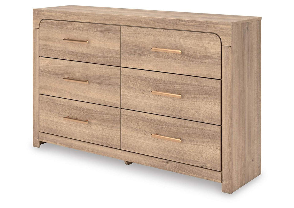 Hollymount Queen Upholstered Panel Bed, Dresser and Chest angled view