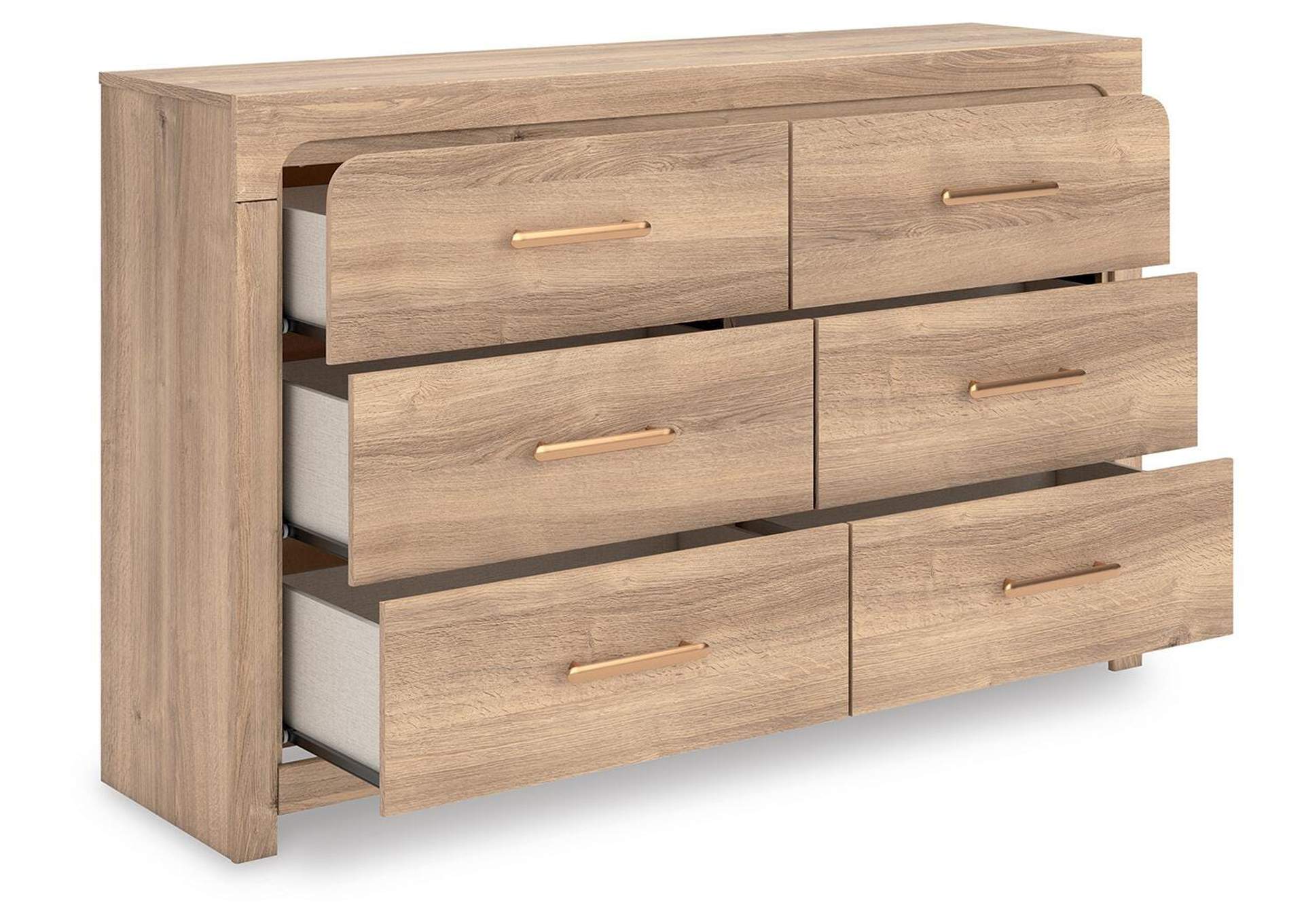 Hollymount King Upholstered Panel Bed, Dresser and Chest angled view