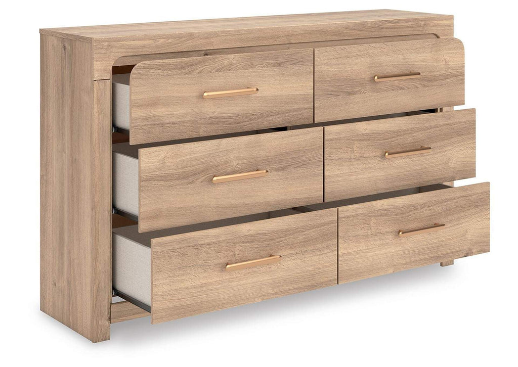 Hollymount Queen Upholstered Platform Bed, Dresser and Chest angled view