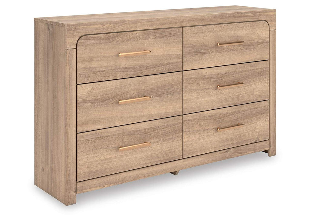 Hollymount Queen Upholstered Platform Bed, Dresser and Chest angled view
