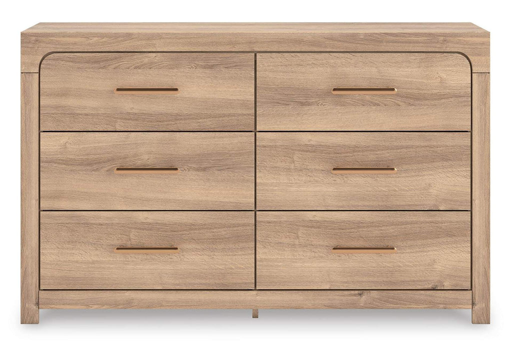 Hollymount Queen Upholstered Panel Bed, Dresser and Chest front view