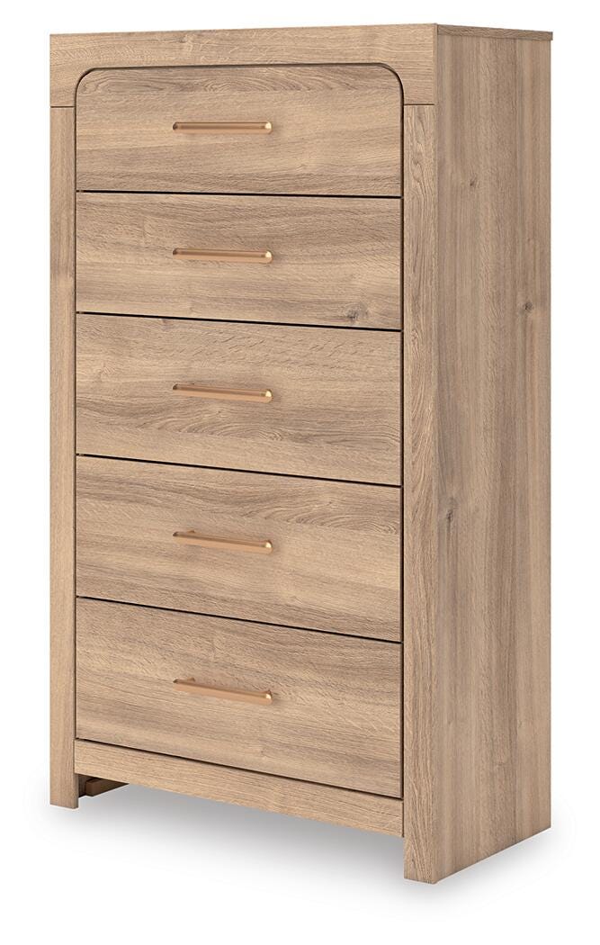 Kinlanni Chest of Drawers in Tan, angle view