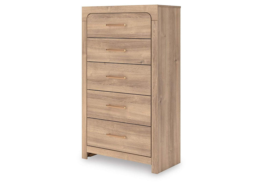 Hollymount King Upholstered Panel Bed, Dresser and Chest angled view