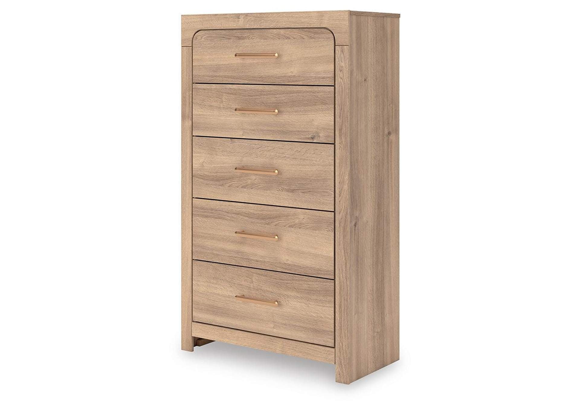 Hollymount Queen Upholstered Panel Bed, Dresser and Chest angled view