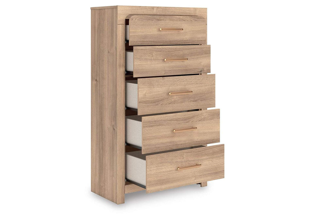 Hollymount King Upholstered Panel Bed, Dresser and Chest angled view