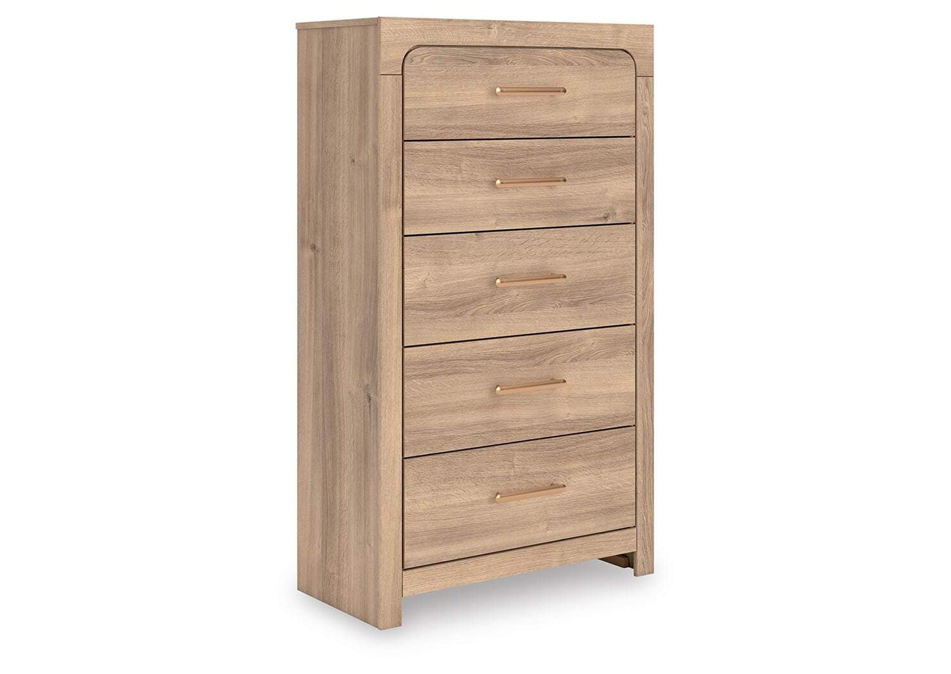 Hollymount Queen Upholstered Panel Bed, Dresser and Chest angled view