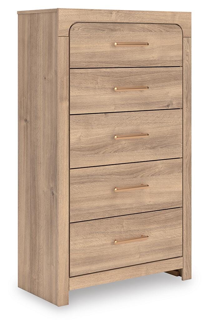 Kinlanni Chest of Drawers in Tan, angle view