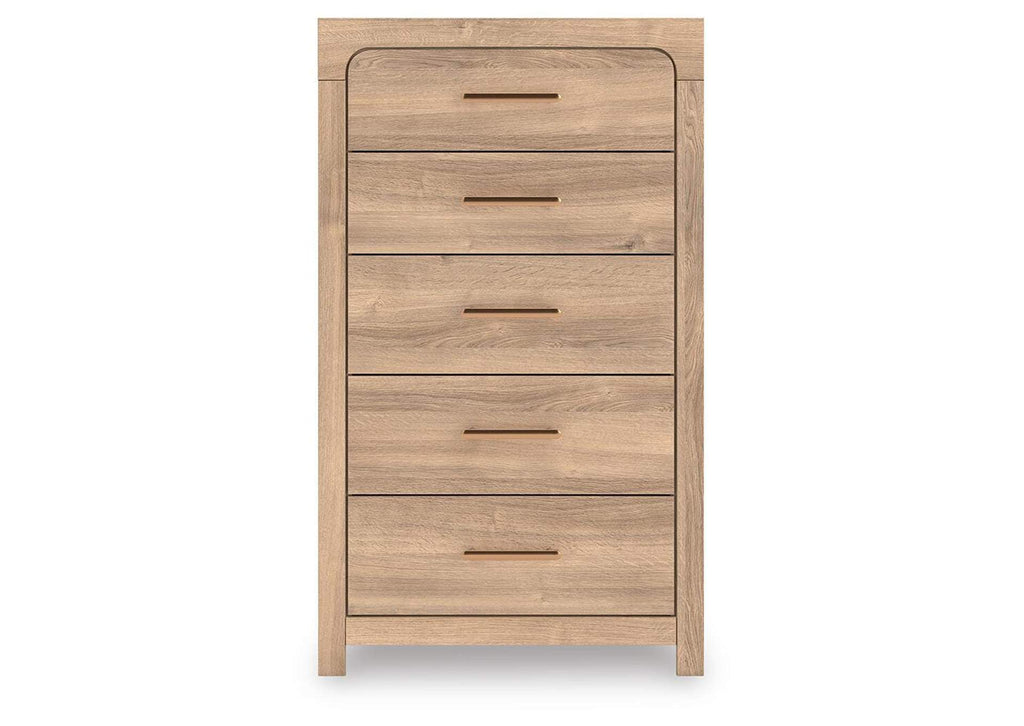 Hollymount Queen Upholstered Panel Bed, Dresser and Chest front view