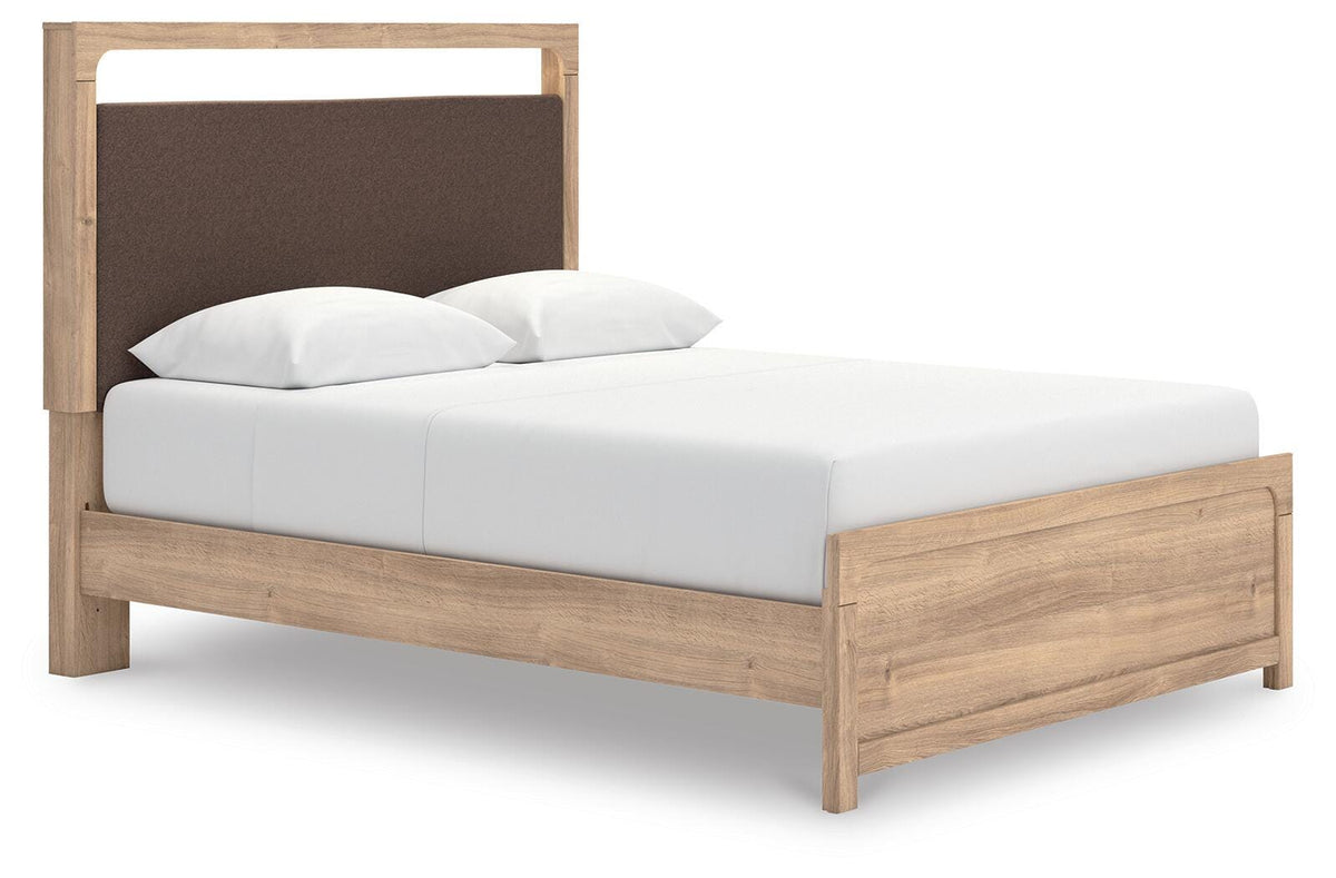 Kinlanni Queen Upholstered Platform Bed in Tan, angle view