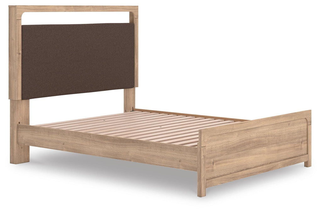 Kinlanni Queen Upholstered Platform Bed in Tan, angle view