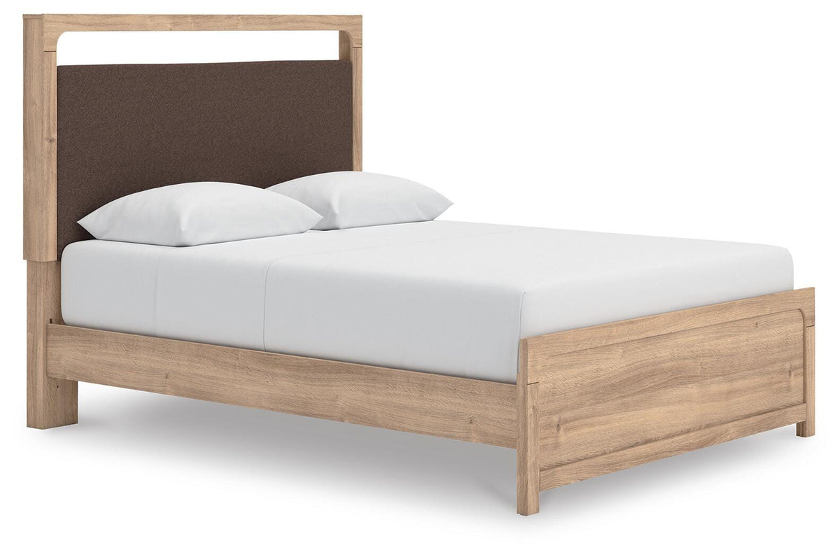 Kinlanni Queen Upholstered Platform Bed in Tan, angle view
