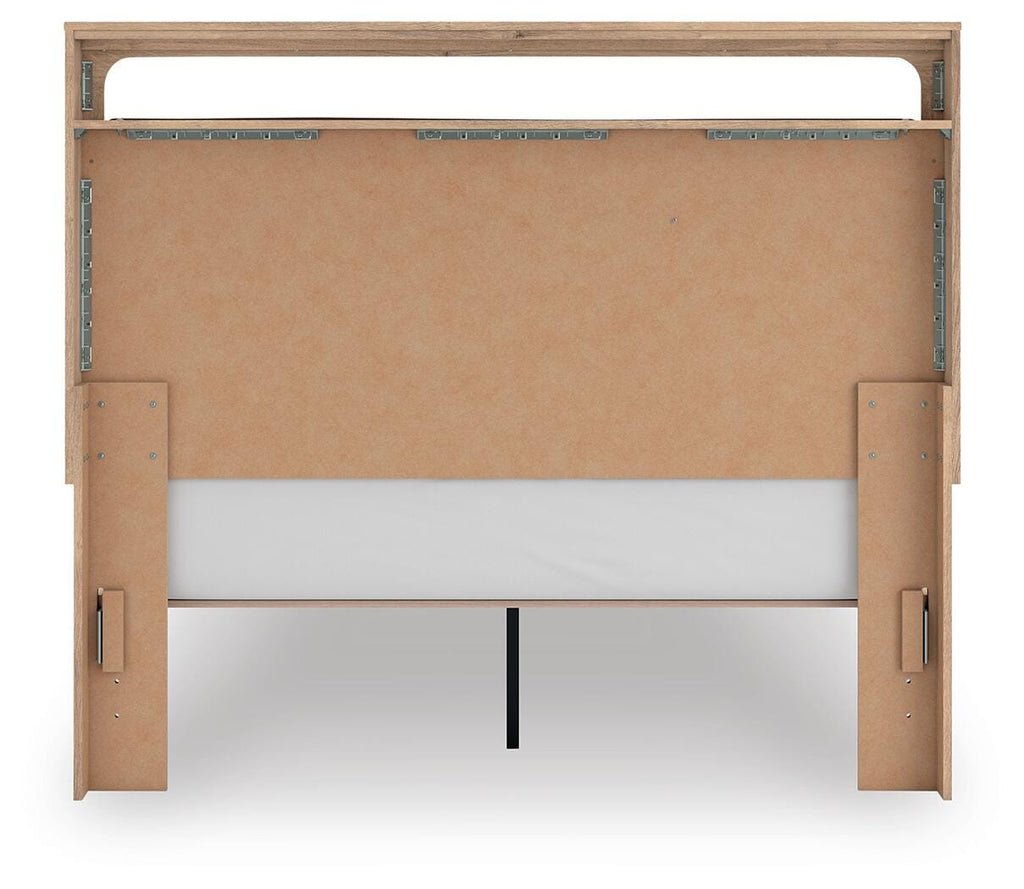 Kinlanni Queen Upholstered Platform Bed in Tan, back view