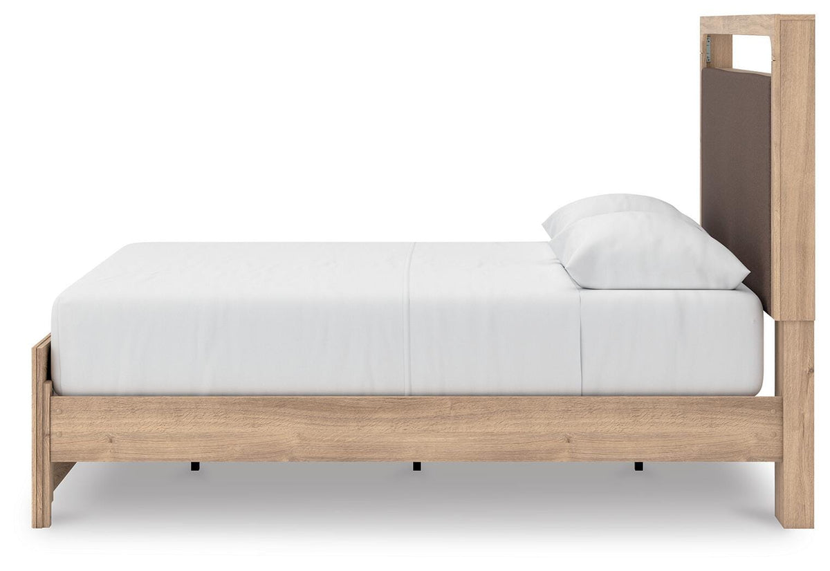 Kinlanni Queen Upholstered Platform Bed in Tan, alternate side view